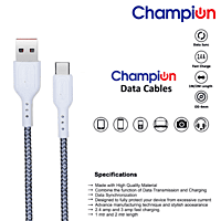 Champion 3A Type C White Braided Data Cable (2Mtr)-Series C