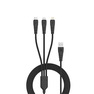 "3-in-1 charging cable with USB-A connector and multiple adapters (Lightning, USB-C, and Micro-USB) for versatile device compatibility, durable braided design for longevity."