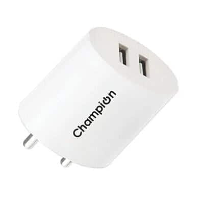 "Champion 10.5W 2.1A Multiport Mobile Charger in white, designed for fast charging of smartphones with multiple ports for simultaneous device charging."