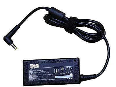  "A black Acer laptop adapter with a power cord, featuring a standard barrel connector and labeled voltage and wattage specifications."