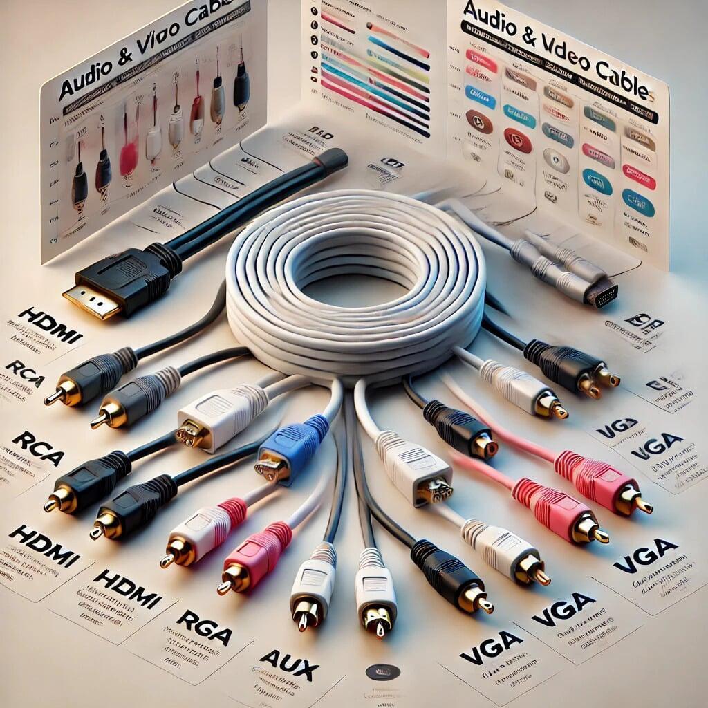 "Various audio and video cables with labels and a comparison chart highlighting their uses and compatibility."