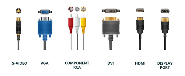 "Various audio and video cables, including HDMI, RCA, optical, and 3.5mm AUX, neatly arranged on a sleek surface. The cables have distinct colors and connectors, some plugged into devices like speakers, a TV, and a gaming console, illustrating their functionality."