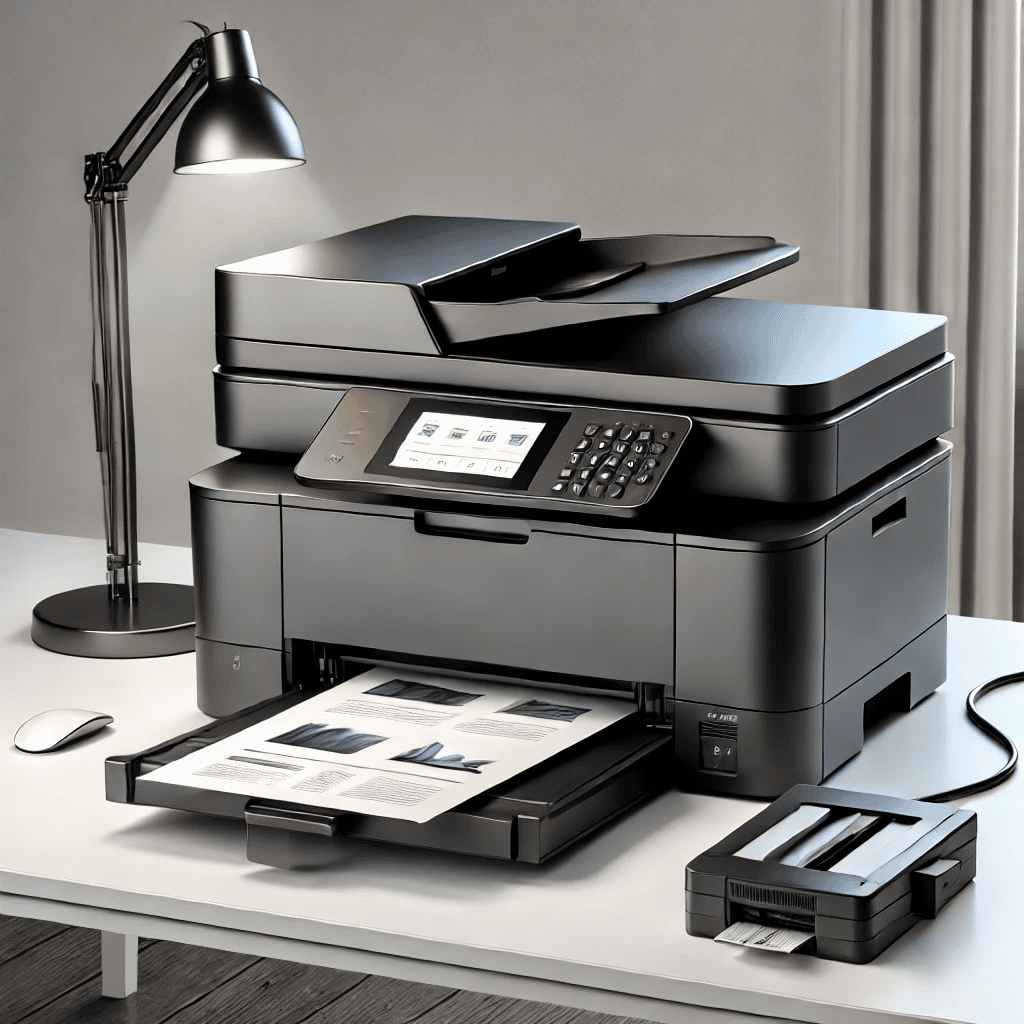 "Modern printer and scanner setup with an attractive color scheme, including a connected printer cable and a separate printer cartridge, placed in a clean and organized workspace."