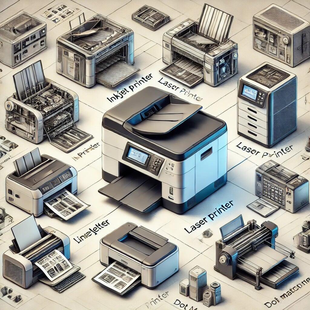 "Illustration of different types of printers, including an inkjet printer, laser printer, dot matrix printer, and 3D printer, arranged in a well-lit professional workspace."