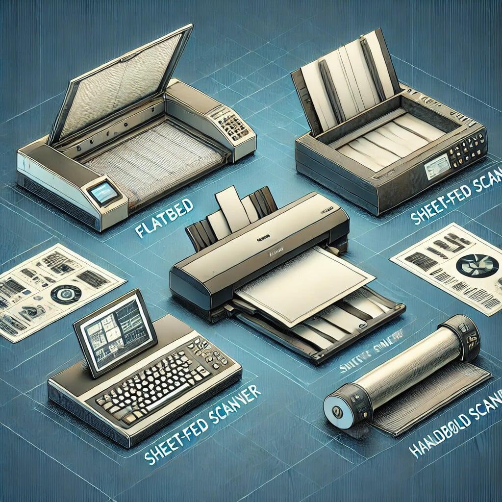 "Illustration of different types of scanners, including a flatbed scanner, sheet-fed scanner, handheld scanner, and drum scanner, arranged in a well-lit professional workspace."