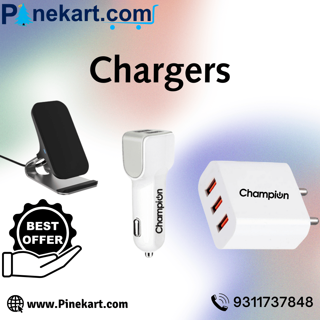 "A variety of chargers, including car chargers and wall chargers, featuring USB-A and USB-C ports for fast and efficient device charging."