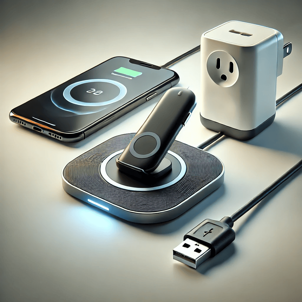 "Digital illustration of three types of chargers: a sleek wireless phone charger, a compact car charger, and a sturdy wall charger, displayed against a clean, minimalistic background."