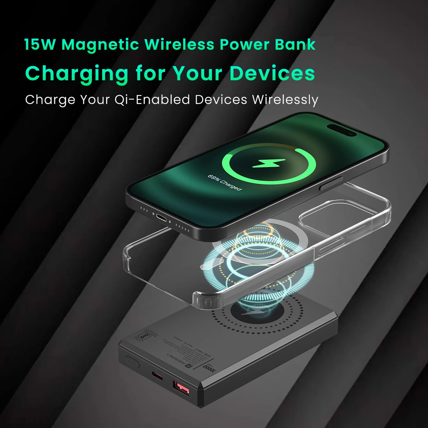 Portronics Luxcell MagClick 10k 10000 mAh 15W Magnetic Wireless Fast charging (Black)