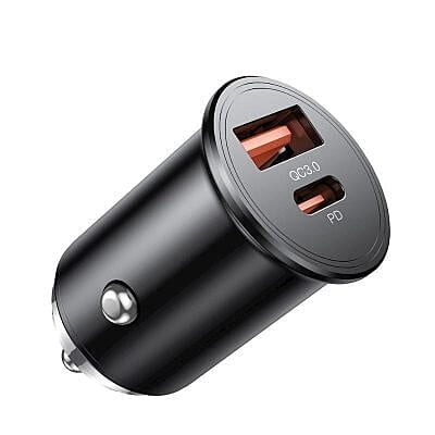 Champion 45W PD QC 3.0 Car Charger – Dual Port Type-C & USB Fast Charging for Phones and Tablets (Black)