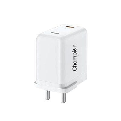 Champion 25W PD Wall Charger/Adapter with Dual Output (USB + Type C) Supports PPS/Warp/Dash/SuperVooc Charging Via USB Port & PD Charge Via Type-C for iPhone & Android Devices (White)