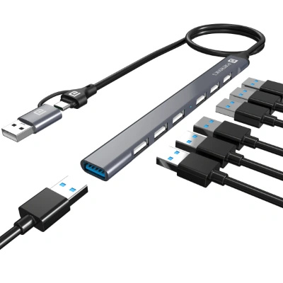 Portronics Mport 7 USB Hub (7-in-1) with dual USB & Type-C heads offers up to 5 Gbps transfer speed. It includes 1 USB 3.0 and 6 USB 2.0 ports, ideal for laptops, MacBooks, and PCs (Grey).