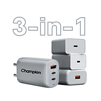 Champion 25W Wall Charger (USB+Type-C+Type-C) Supports PPS/Warp/Dash/SuperVooc Charging (White)