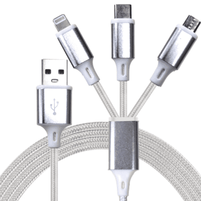 Champion 3 in 1, USB Data Cable 2.4Amp Braided for Micro USB ,Type-C, Lightning Port Devices 1.2M (Silver)