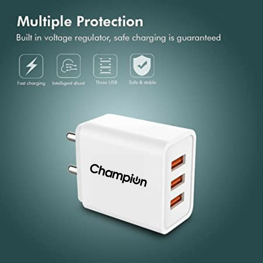 Champion 15W 3A USB Port Power Adapter/Wall Charger For All Mobile Phones (White)