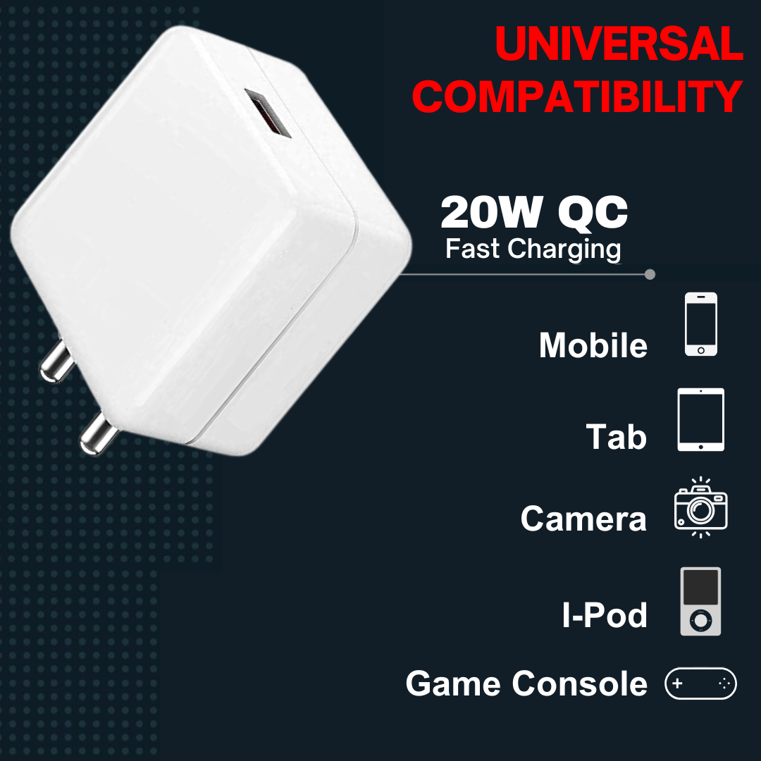 Champion 20W Quick Charging Wall Adapter - High-Speed Charger for iPhone, Android, and USB-C Devices (White)