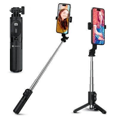 Portronics Lumistick Mini Extendable Multifunctional 3-in-1 Selfie Sticks with Wireless Detachable Bluetooth Remote & Tripod Stand,Portable Lightweight Selfie Stick for iPhone & Android Mobiles(Black)