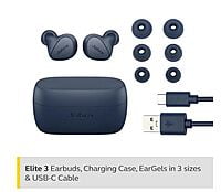 Jabra Elite 3 in Ear True Wireless Earbuds Noise Isolating with 4 Built-in Microphones for Clear Calls (Navy Blue)