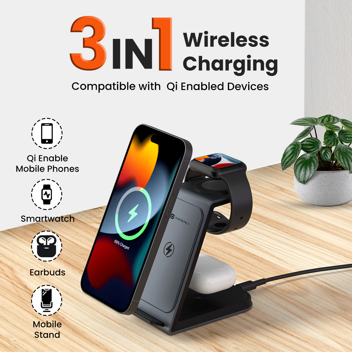 Portronics Freedom Trio 15w 3in1 Wireless Charger for iPhone