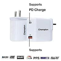 Champion 25W PD Wall Charger/Adapter with Dual Output (USB + Type C) Supports PPS/Warp/Dash/SuperVooc Charging Via USB Port & PD Charge Via Type-C for iPhone & Android Devices (White)