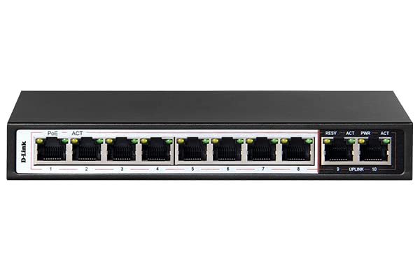 D-Link 10-Port Gigabit DES-F1010P-E PoE Switch with 8 Long Reach 250M PoE Ports and 2 Uplink Ports