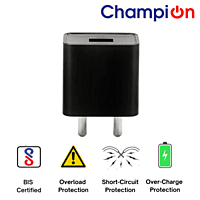 Champion 5V 1Amp USB Charger For All Mobile Phones Tablets Smart Watch Bluetooth Speakers (Black)