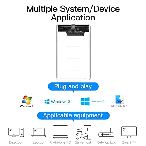 2.5 Inch (6.3 cm) SATA SSD Enclosure Transparent Case | USB-C 3.1 Tool-Free External Hard Disk Case with 6 Gbps Transfer Speed and Up to 6TB Storage Capacity For HDD and SSD, Support SATA III