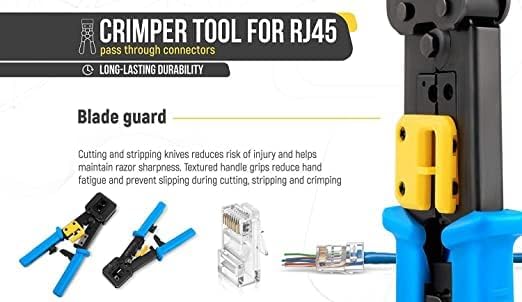 EZ RJ45 Crimping Tool with Round Cable Stripper Professional Pass Through Crimper for Cat5/Cat5e/Cat6/RJ11/RJ12 Connectors