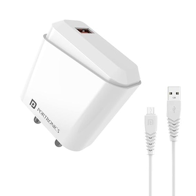 Portronics Adapto 40 M, 18w 3A Mach USB Fast Charging Adaptor,Comes with 1M Micro USB Charging Cable, Single Port Wall Charger for iPhone