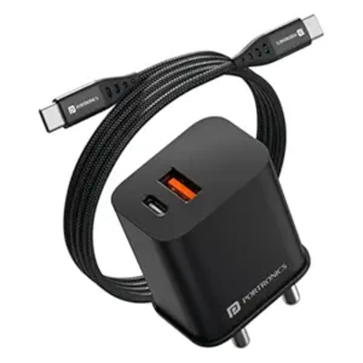 Portronics ADAPTO 20V 20W Dual Port Fast Charging Adapter Type C PD 3.0 & Mach USB-A Compatible with iPhone & Android (Black)