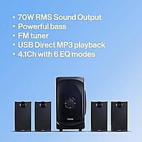 "Philips TAV7477 4.1 Channel 75W Bluetooth Multimedia Speaker System – 2x15W & 2x5W Satellite Speakers, USB, AUX, FM, Remote Control (Black)"