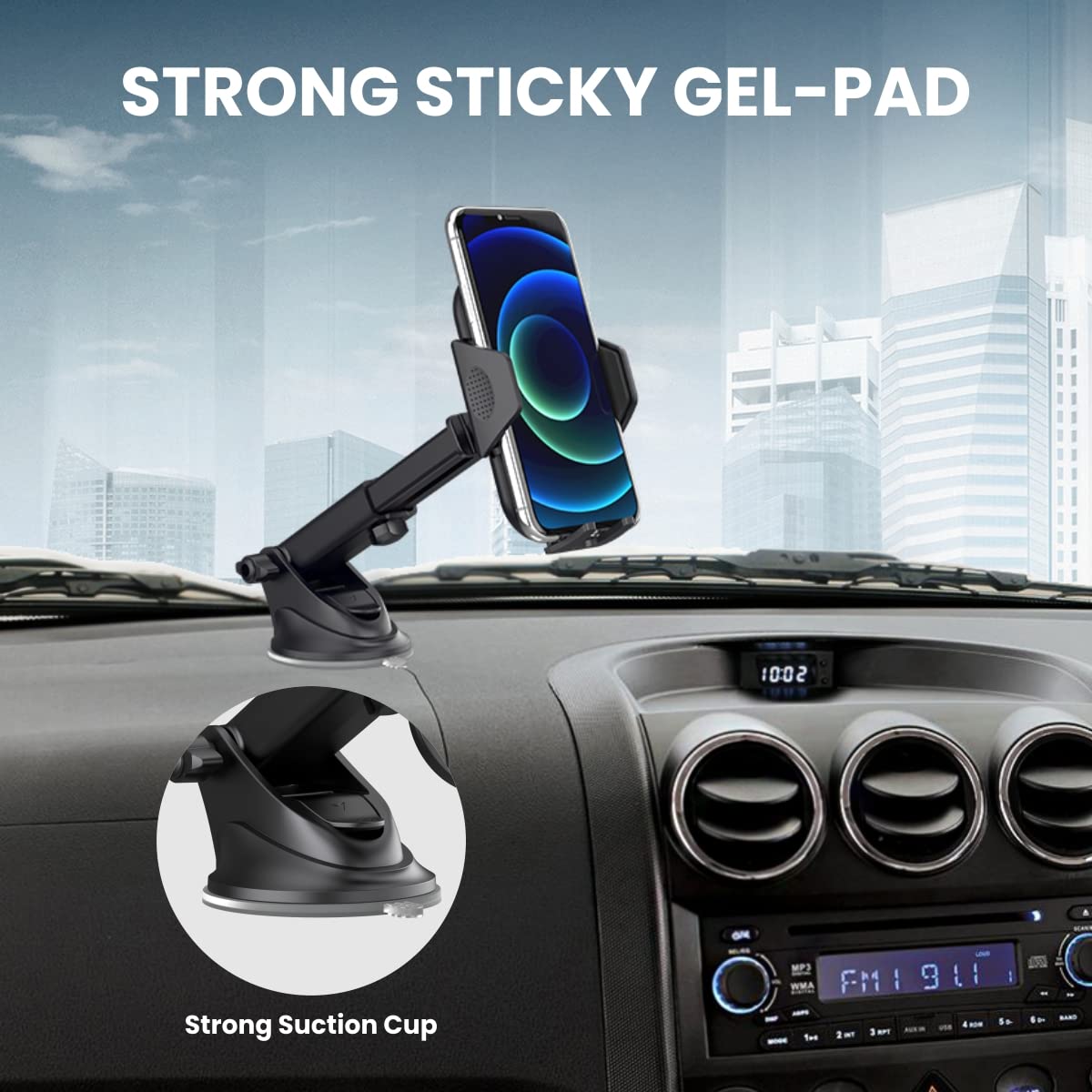 Portronics Clamp M Car Mobile Holder with 360° Rotational, Strong Suction Cup, One Click Release Button Compatible with 4 to 6 inch Devices(Black)