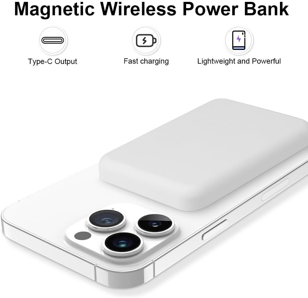 Champion Magnetic Wireless Power Bank , PD Fast Charging Sleek Design for iPhone 15, 14, 13 and 12 Series (White)