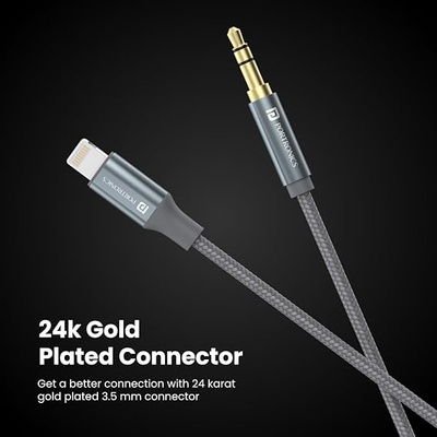 Portronics ikonnect L+ 8Pin to 3.5mm Aux Cable with 1M Length, Nylon Braided, Metal Heads, Gold Plated Connector Compatible with Cars, Mobiles, Headphones & Home Theatres(Black)