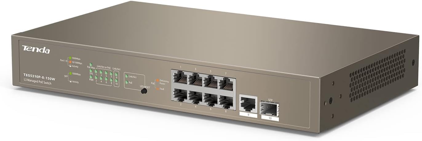 Tenda TEG5310P Layer-3 Gigabit Managed PoE Switch – 10 Ports, 8 PoE+ Ports, 150W Power, Smart Features