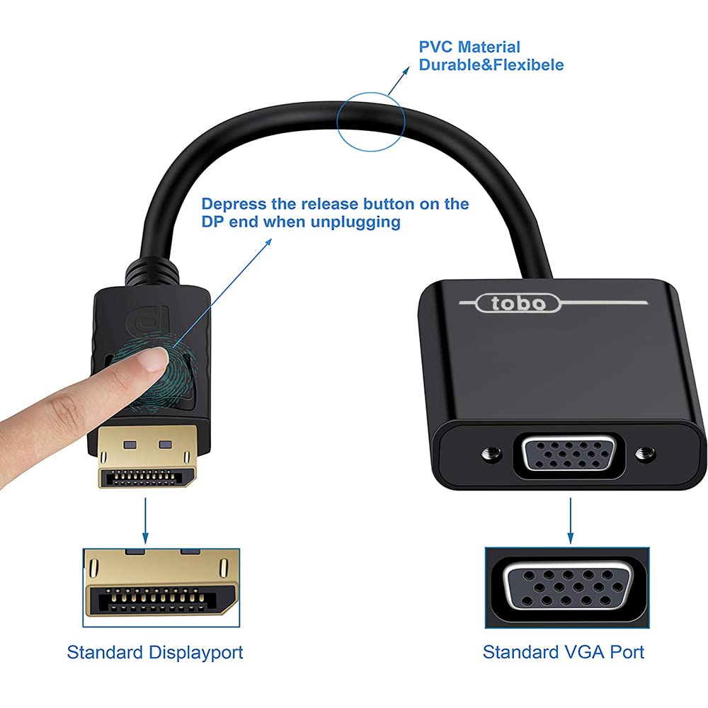 DisplayPort (DP) Male  to VGA Adapter Female , Gold-Plated Compatible with Computer, Desktop, Laptop, PC, Monitor, Projector, HDTV TD-260TC