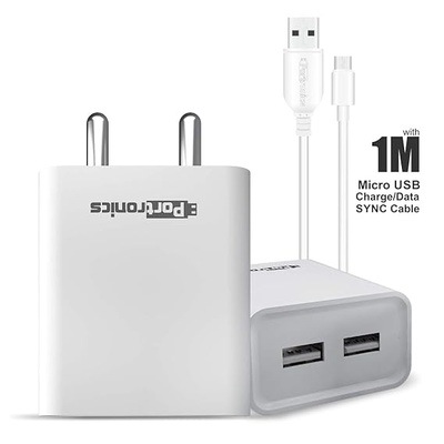 Portronics Adapto 66 POR-1066 2.4A Dual USB Ports Charging Adapter with 1M Micro USB Cable (White)