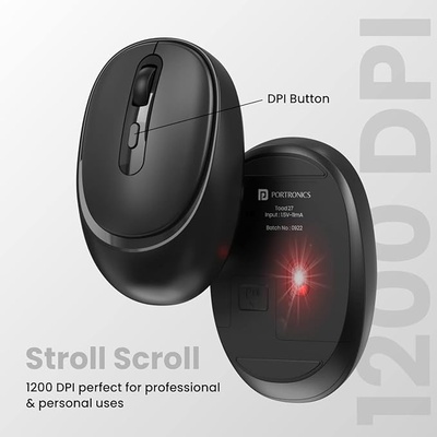 Portronics Toad 27 Wireless Mouse, Silent Buttons, 2.4 GHz with USB Nano Dongle for PC/Mac/Laptop, Auto Power Saving Mode, Adjustable DPI Button(Black)