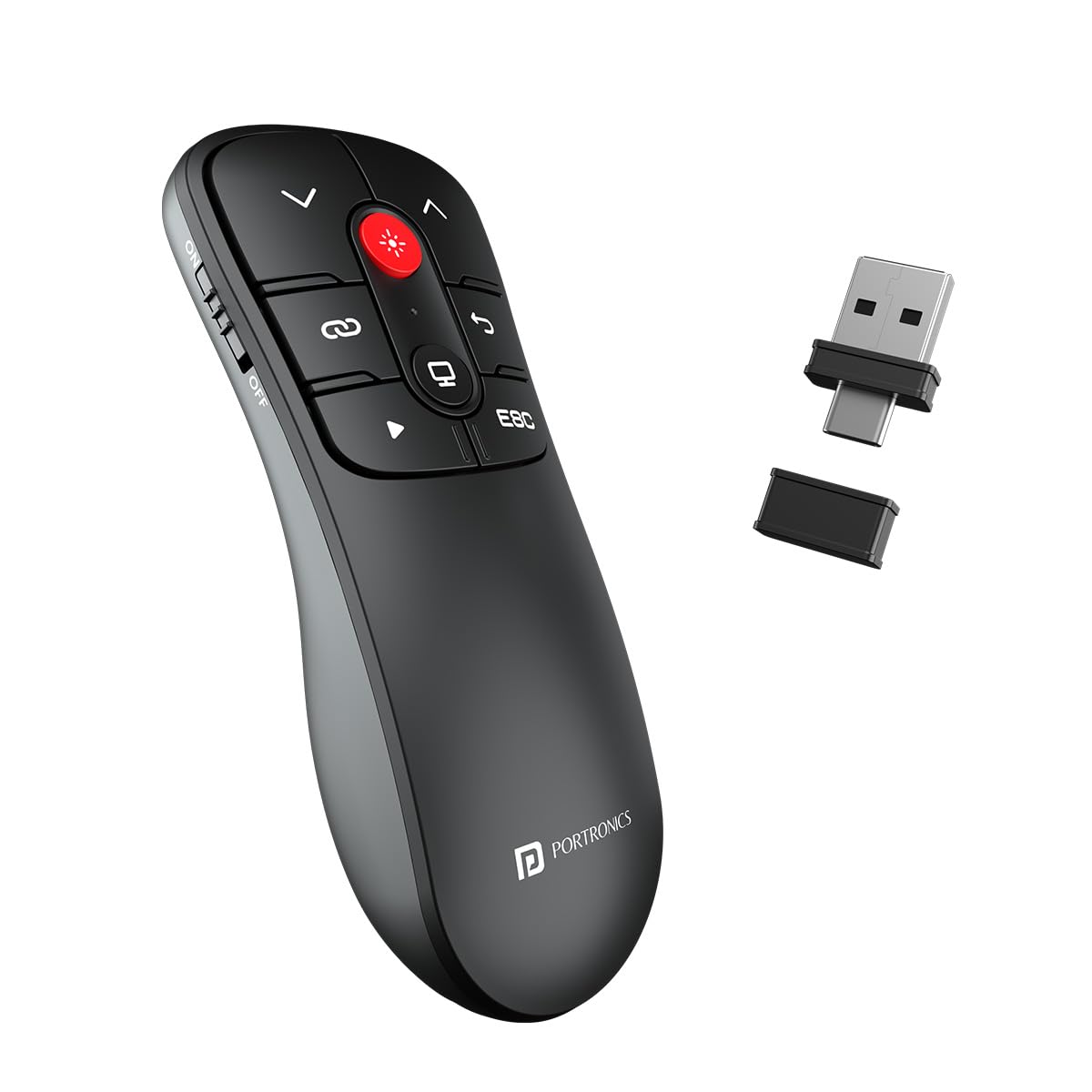 Portronics SlideMate Wireless Presenter Remote with Red Laser Pointer, Dual Type-C & USB Receiver, Slideshow Control for Laptop, Mac, PC, and Projectors (Black)