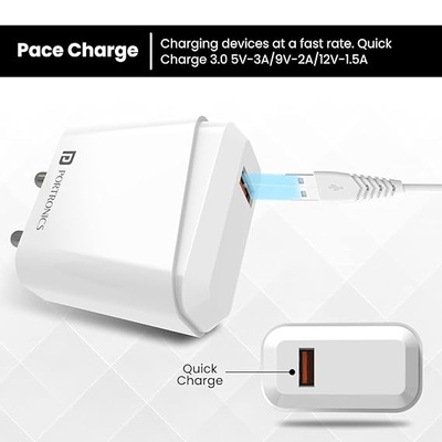 Portronics Adapto 40 M, 18w 3A Mach USB Fast Charging Adaptor,Comes with 1M Micro USB Charging Cable, Single Port Wall Charger for iPhone