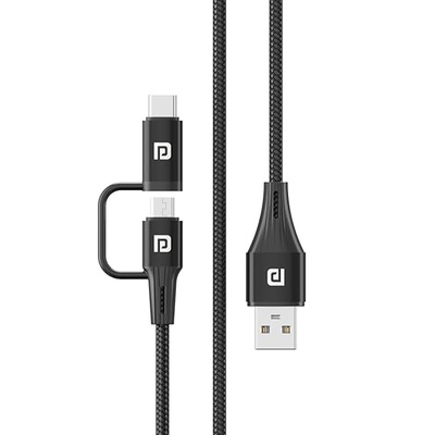 Portronics Konnect J7 20W Fast Charging with Dual Output (Type C + Micro USB), Changeable Metallic Heads, 480 Mbps Data Transfer, 1M (Black)