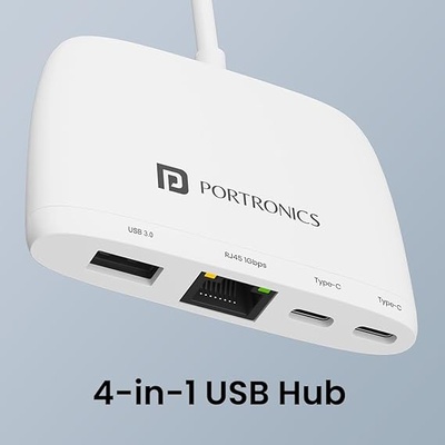 Portronics Mport 41 USB C Hub (4-in-1) with Ethernet (1000 Mbps Gigabit Internet), 2-Ports Type-C Data, USB 3.0 Port, Multiport 10/100/1000 Mbps RJ45 LAN Adapter for Laptop, PC, Mac & Desktop (White)