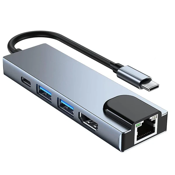 Prime Dock 5 in 1 Type-C to Multiport Adapter with 4K HDMI, RJ45 LAN and Advanced USB 3.0 & Type-C with PD