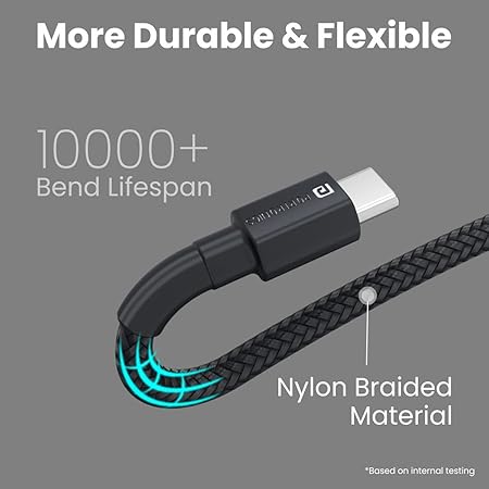 Portronics Konnect B Type C Cable with 3.0A Output, Nylon Braided, Fast Data Sync, Tangle Resistant, 1M Length(Black)