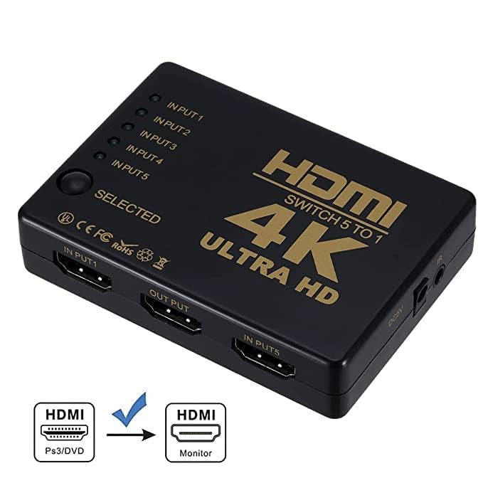 HDMI Switcher 4K (5x1) with PIP & IR Remote Control Multiple Devices on a Single Screen, Supports 4K UHD & Full HD 1080p for Bluray, PVR/Netflix/Roku/Kodi Box, PS4/PS3