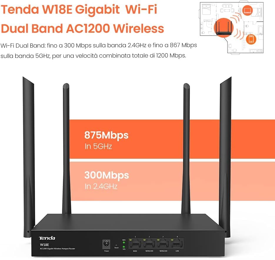 TENDA W18E AC1200 Gigabit Wireless Hotspot Router, 300 Square Meters, 867Mbps/300Mbps, 50 Users, Gigabit Port, 4xAntenna, Domain Maintenance