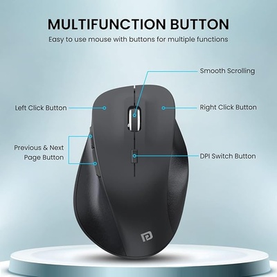 Portronics Toad 24 Wireless Mouse, with 2.4 GHz USB Nano Receiver, Adjustable DPI up to 1600, Dual-Function Scroll Wheel, for Laptop, Mac, PC (Black)