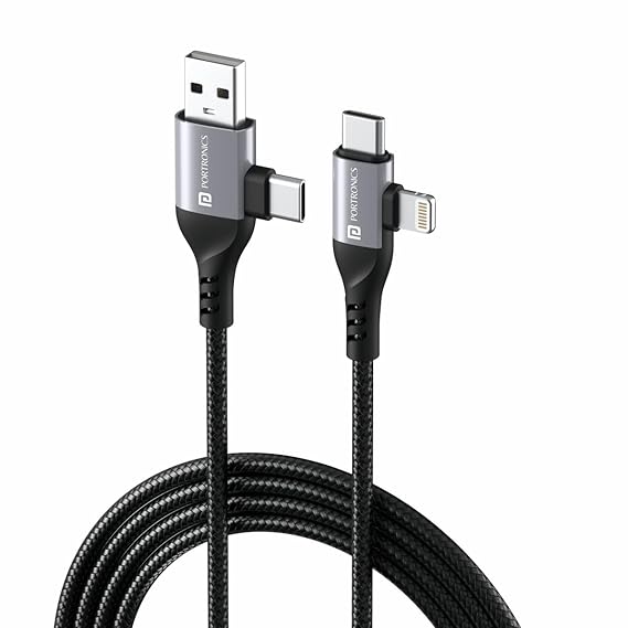 Portronics Konnect 4 IN 1 Multi Functional Charging Cable with Type C to Type C, Type C to Lightning, Supports Data Transfer, Compatible with All Android & iOs Smartphones, Tablet/Ipads & Macbook