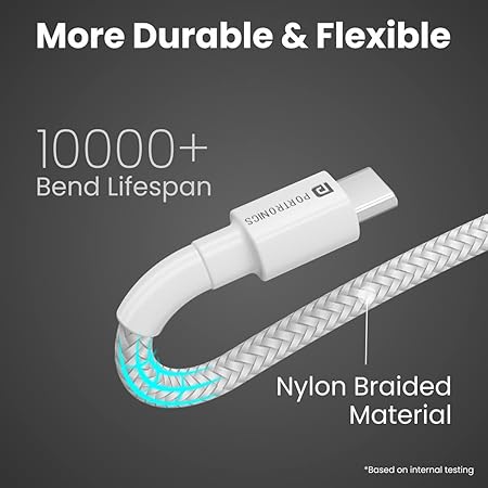 Portronics Konnect B Type C Cable with 3.0A Output, Nylon Braided, Fast Data Sync, Tangle Resistant, 1M Length(White)