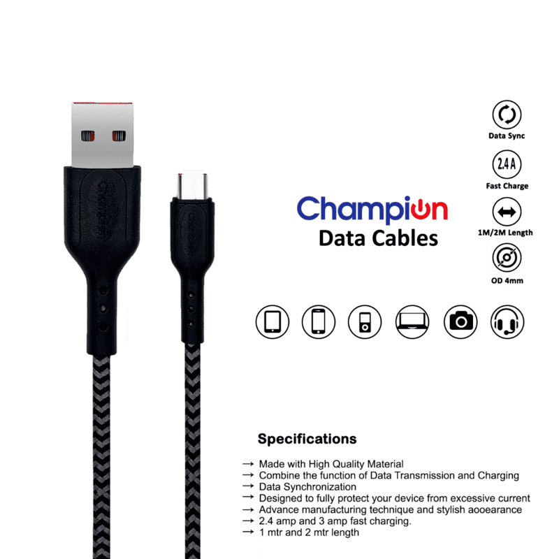 Champion USB to Micro 2.4Amp Data Sync & Charging Cable Braided 1M for all Android & Micro USB Devices (Grey)