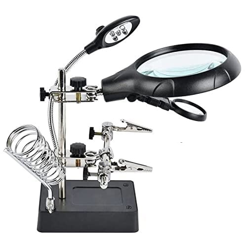 Desktop LED Magnifying Glass Soldering Station - 2.5X, 7.5X, 10X Magnification with Helping Hands and Alligator Clips